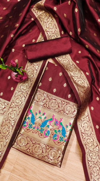 Mayawye Women's Banarasi Silk Printed Unstitched Salwar Suit Material With Dupatta (Maroon, 3Mtrs)