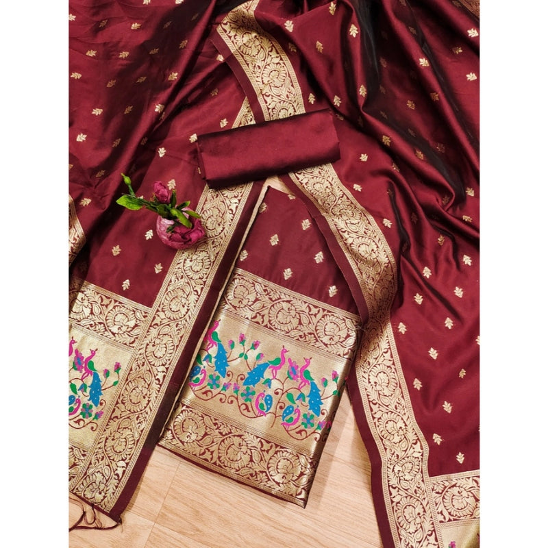 Mayawye Women's Banarasi Silk Printed Unstitched Salwar Suit Material With Dupatta (Maroon, 3Mtrs)