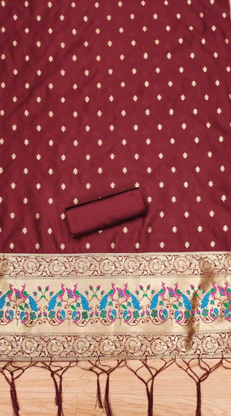 Mayawye Women's Banarasi Silk Printed Unstitched Salwar Suit Material With Dupatta (Maroon, 3Mtrs)