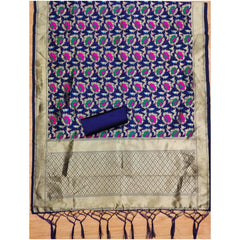 Mayawye Women's Banarasi Silk Printed Unstitched Salwar Suit Material With Dupatta (Navy Blue, 3Mtrs)