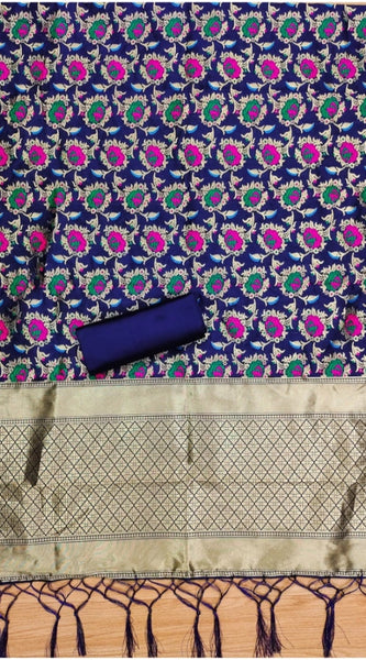 Mayawye Women's Banarasi Silk Printed Unstitched Salwar Suit Material With Dupatta (Navy Blue, 3Mtrs)
