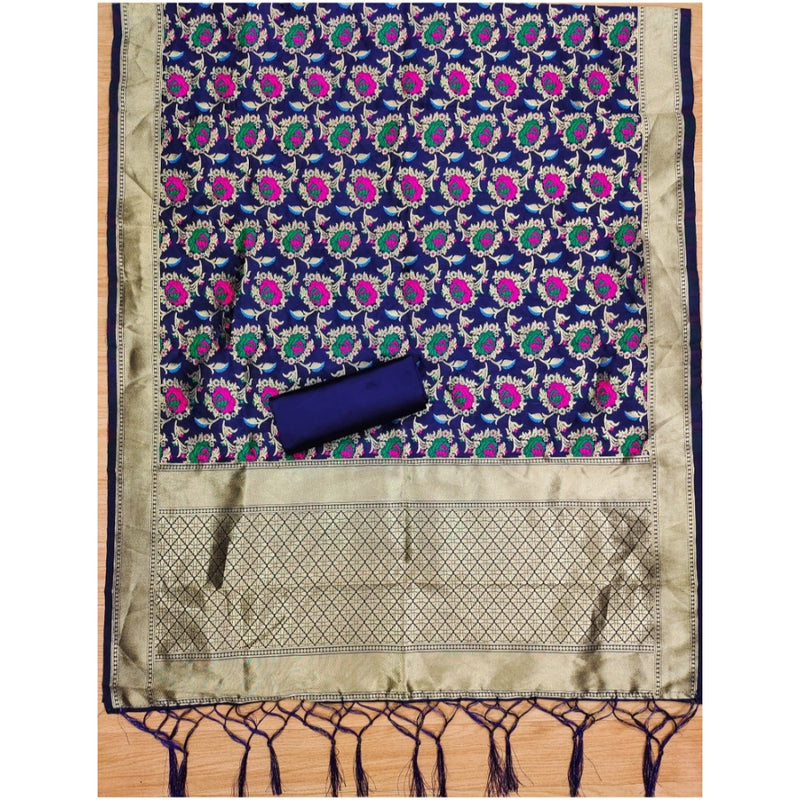 Mayawye Women's Banarasi Silk Printed Unstitched Salwar Suit Material With Dupatta (Navy Blue, 3Mtrs)