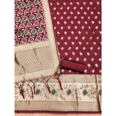 Mayawye Women's Banarasi Silk Printed Unstitched Salwar Suit Material With Dupatta (Maroon, 3Mtrs)