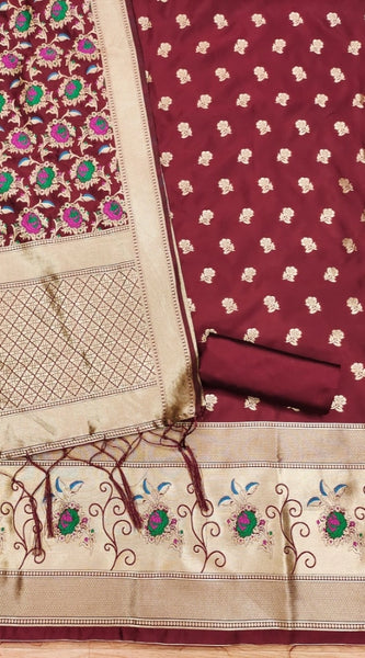 Mayawye Women's Banarasi Silk Printed Unstitched Salwar Suit Material With Dupatta (Maroon, 3Mtrs)