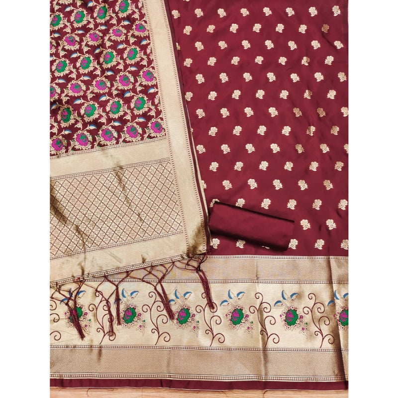 Mayawye Women's Banarasi Silk Printed Unstitched Salwar Suit Material With Dupatta (Maroon, 3Mtrs)