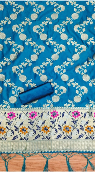 Mayawye Women's Banarasi Silk Printed Unstitched Salwar Suit Material With Dupatta (Blue, 3Mtrs)