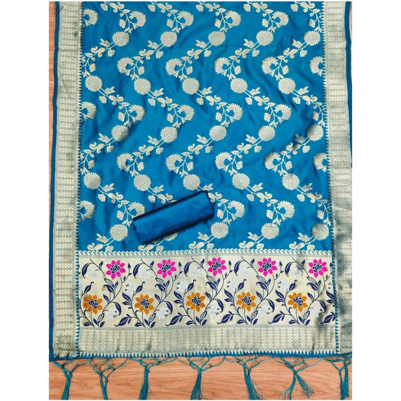 Mayawye Women's Banarasi Silk Printed Unstitched Salwar Suit Material With Dupatta (Blue, 3Mtrs)