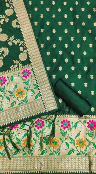 Mayawye Women's Banarasi Silk Printed Unstitched Salwar Suit Material With Dupatta (Green, 3Mtrs)