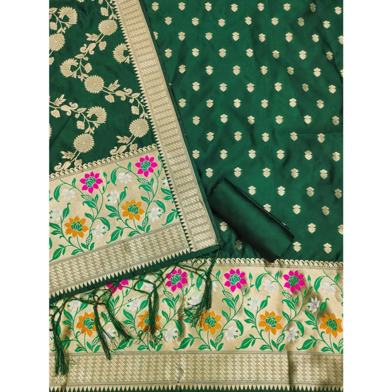 Mayawye Women's Banarasi Silk Printed Unstitched Salwar Suit Material With Dupatta (Green, 3Mtrs)