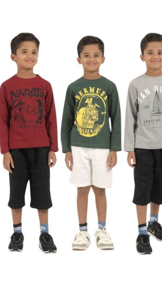 Mayawye Pack of 3 Boy's Cotton Printed Full Sleeve T-Shirt's (Multicolor)
