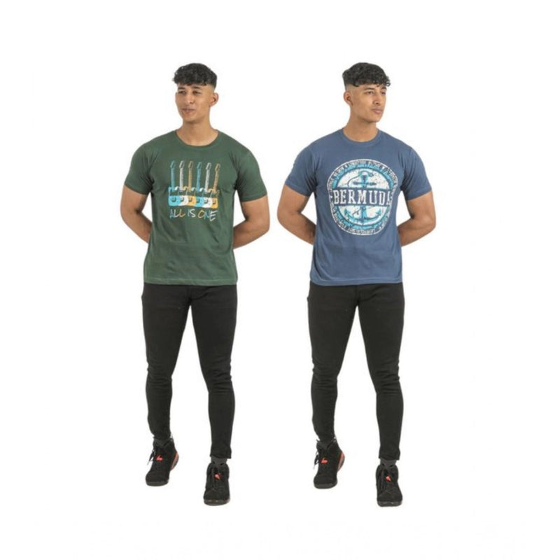 Mayawye Pack of 2 Men's Casual Cotton Printed Short Sleeve Tshirts (Multicolor)