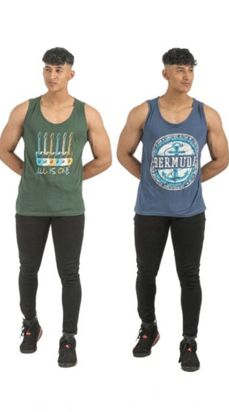 Mayawye Pack of 2 Men's Casual Cotton Printed Sleeveless Sleeve Tshirts (Multicolor)