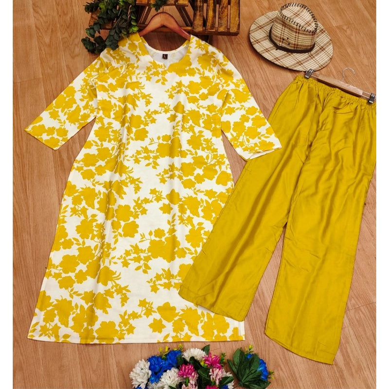 Mayawye Women's Rayon Printed Round Neck 3-4th Sleeve Kurti With Pant Set (Yellow)