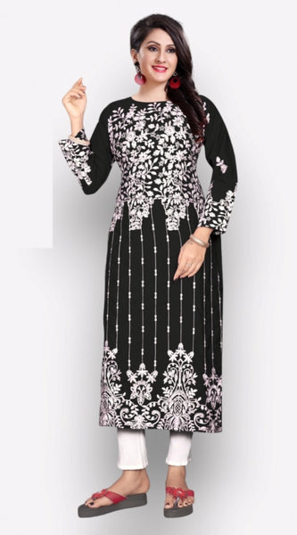 Mayawye Women's Georgette Printed Round Neck 3-4 th Sleeve Kurti (Black)