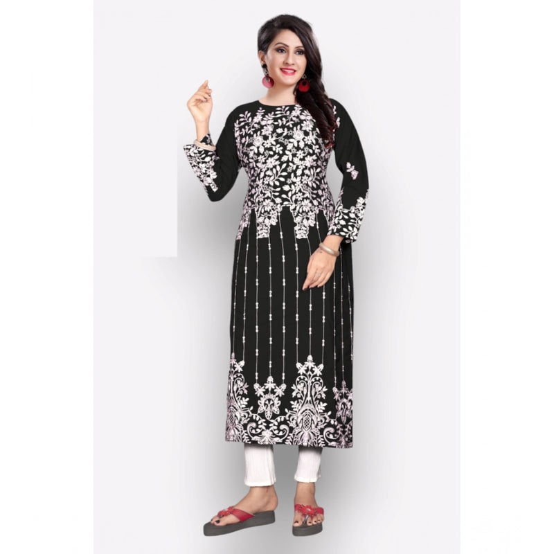 Mayawye Women's Georgette Printed Round Neck 3-4 th Sleeve Kurti (Black)