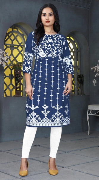 Mayawye Women's Rayon Printed Round Neck 3-4th Sleeve Kurti (Blue)