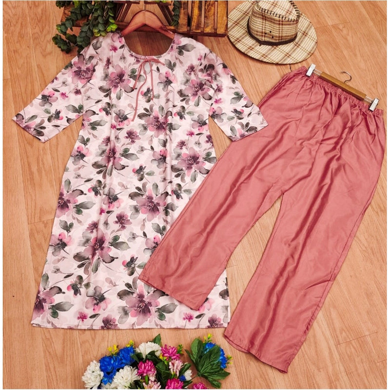 Mayawye Women's Rayon Printed Round Neck 3-4th Sleeve Kurti With Pant Set (Peach)