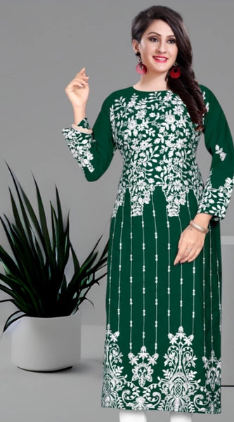 Mayawye Women's Georgette Printed Round Neck 3-4th Sleeve Kurti (Green)