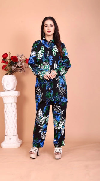 Mayawye Women's Rayon Printed Mandarin Collar Full Sleeve Co Ord Set (Black)