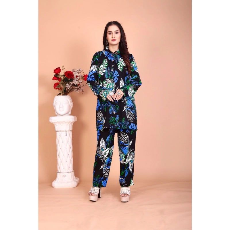 Mayawye Women's Rayon Printed Mandarin Collar Full Sleeve Co Ord Set (Black)