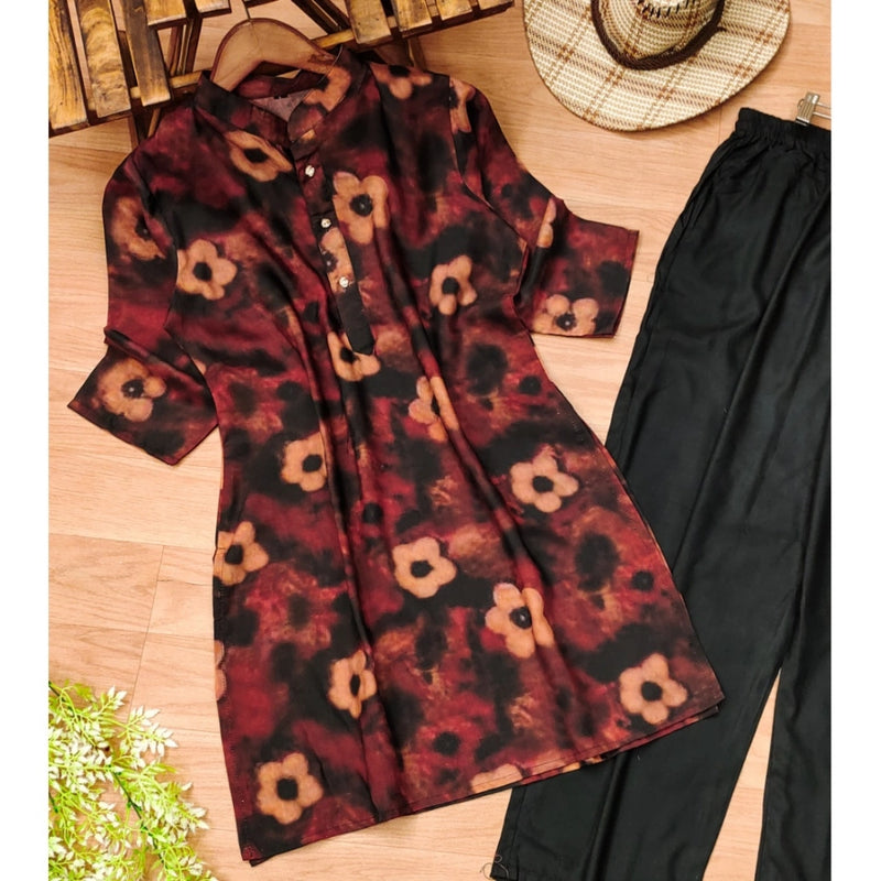 Mayawye Women's Muslin Printed Mandarin Collar 3-4 th Sleeve Kurti With Pant Set (Black)