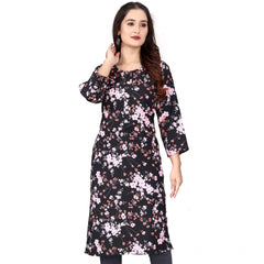 Mayawye Women's Rayon Printed Round Neck 3-4 th Sleeve Kurti (Black)