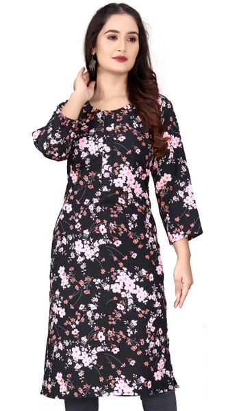 Mayawye Women's Rayon Printed Round Neck 3-4 th Sleeve Kurti (Black)