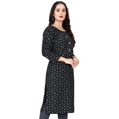 Mayawye Women's Rayon Printed Round Neck 3-4 th Sleeve Kurti (Black)