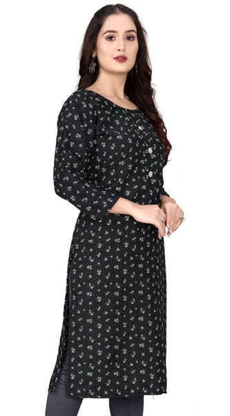 Mayawye Women's Rayon Printed Round Neck 3-4 th Sleeve Kurti (Black)