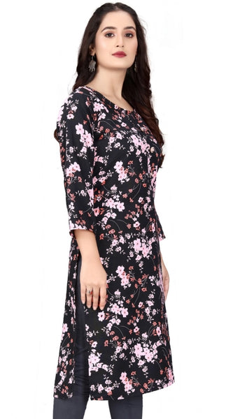 Mayawye Women's Rayon Printed Round Neck 3-4 th Sleeve Kurti (Black)