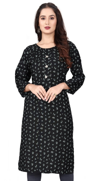 Mayawye Women's Rayon Printed Round Neck 3-4 th Sleeve Kurti (Black)