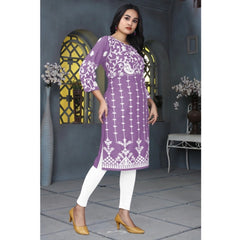 Mayawye Women's Rayon Printed Round Neck 3-4th Sleeve Kurti (Lavender)