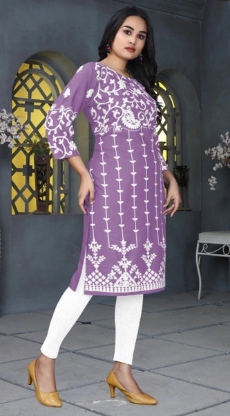 Mayawye Women's Rayon Printed Round Neck 3-4th Sleeve Kurti (Lavender)