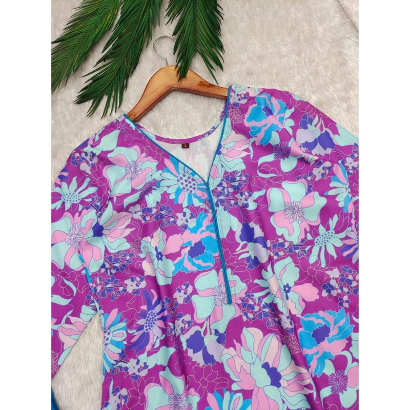 Mayawye Women's Rayon Printed V Neck 3-4th Sleeve Kurti With Pant Set (Purple)