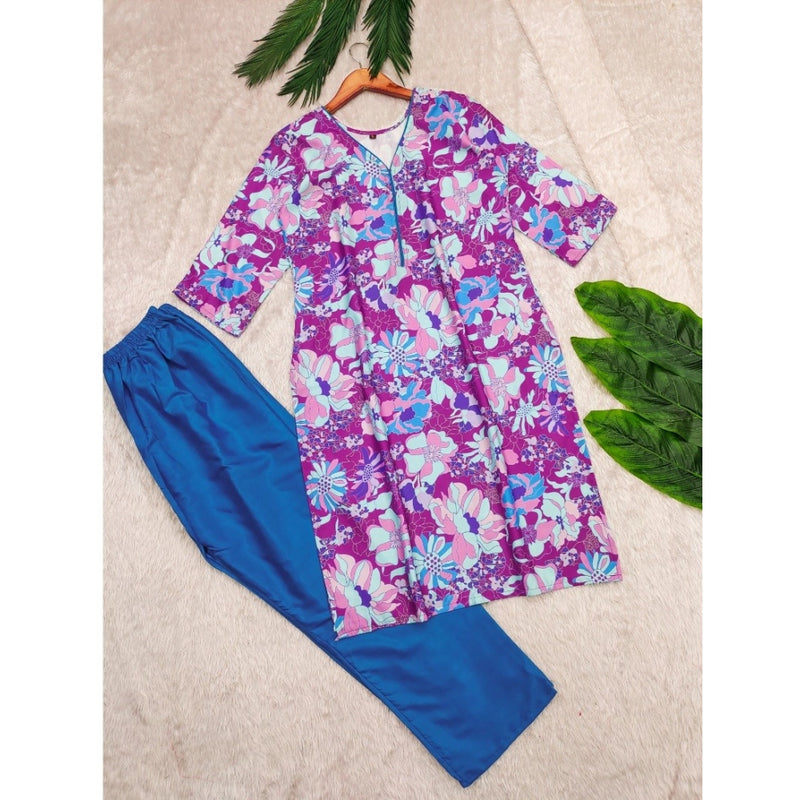 Mayawye Women's Rayon Printed V Neck 3-4th Sleeve Kurti With Pant Set (Purple)