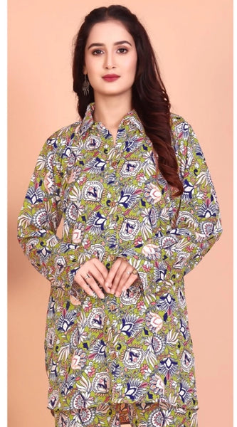 Mayawye Women's Rayon Printed Mandarin Collar Full Sleeve Co Ord Set (Green)