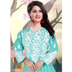 Mayawye Women's Georgette Printed Round Neck 3-4th Sleeve Kurti (Sky)