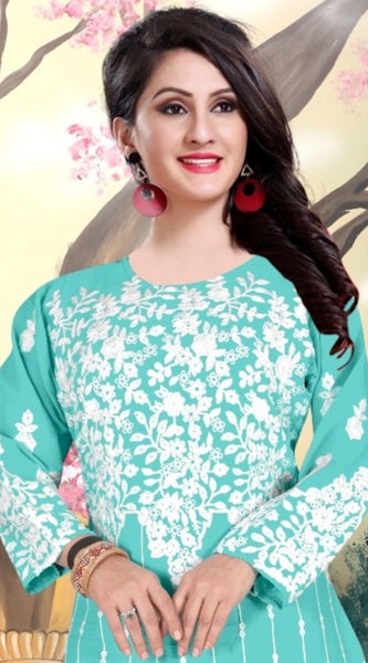 Mayawye Women's Georgette Printed Round Neck 3-4th Sleeve Kurti (Sky)