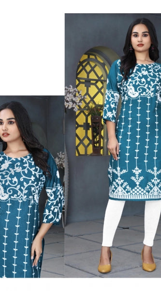 Mayawye Women's Rayon Printed Round Neck 3-4th Sleeve Kurti (Rama)