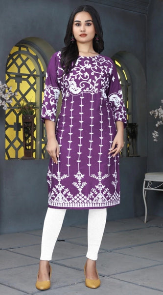 Mayawye Women's Rayon Printed Round Neck 3-4th Sleeve Kurti (Purple)
