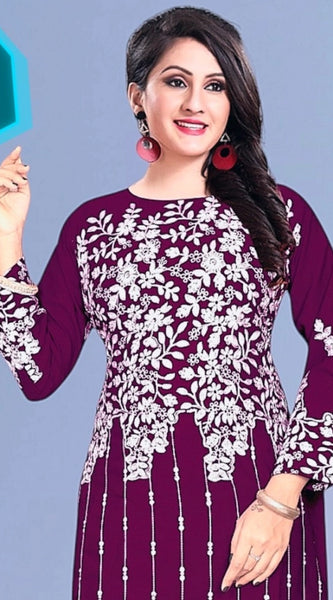 Mayawye Women's Rayon Printed Round Neck 3-4th Sleeve Kurti (Purple)