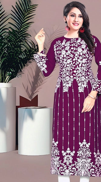 Mayawye Women's Rayon Printed Round Neck 3-4th Sleeve Kurti (Purple)