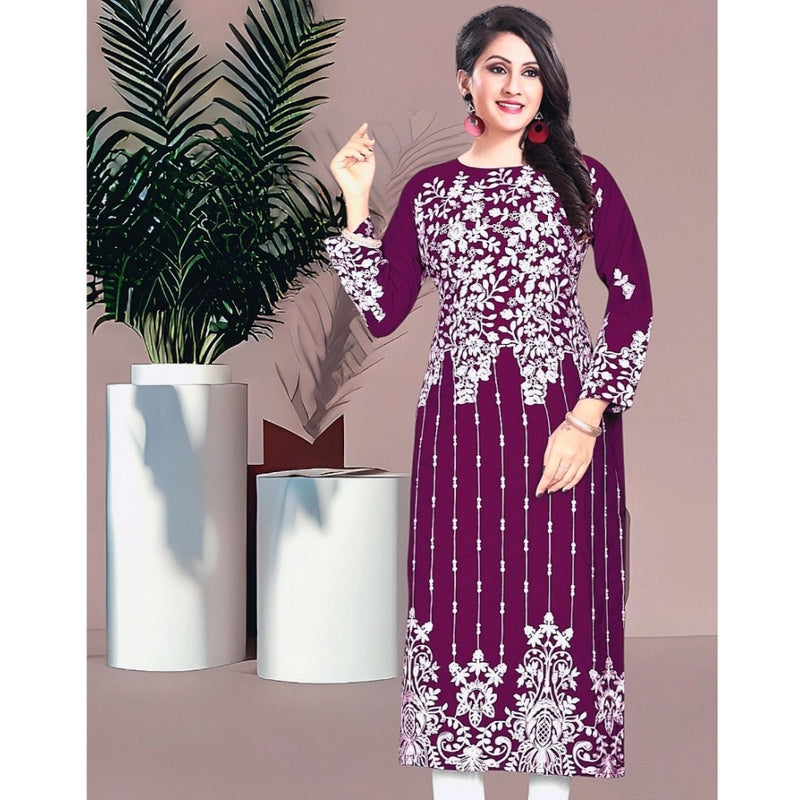 Mayawye Women's Rayon Printed Round Neck 3-4th Sleeve Kurti (Purple)