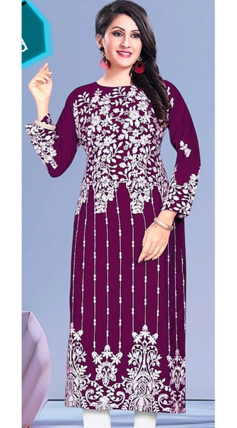 Mayawye Women's Rayon Printed Round Neck 3-4th Sleeve Kurti (Purple)