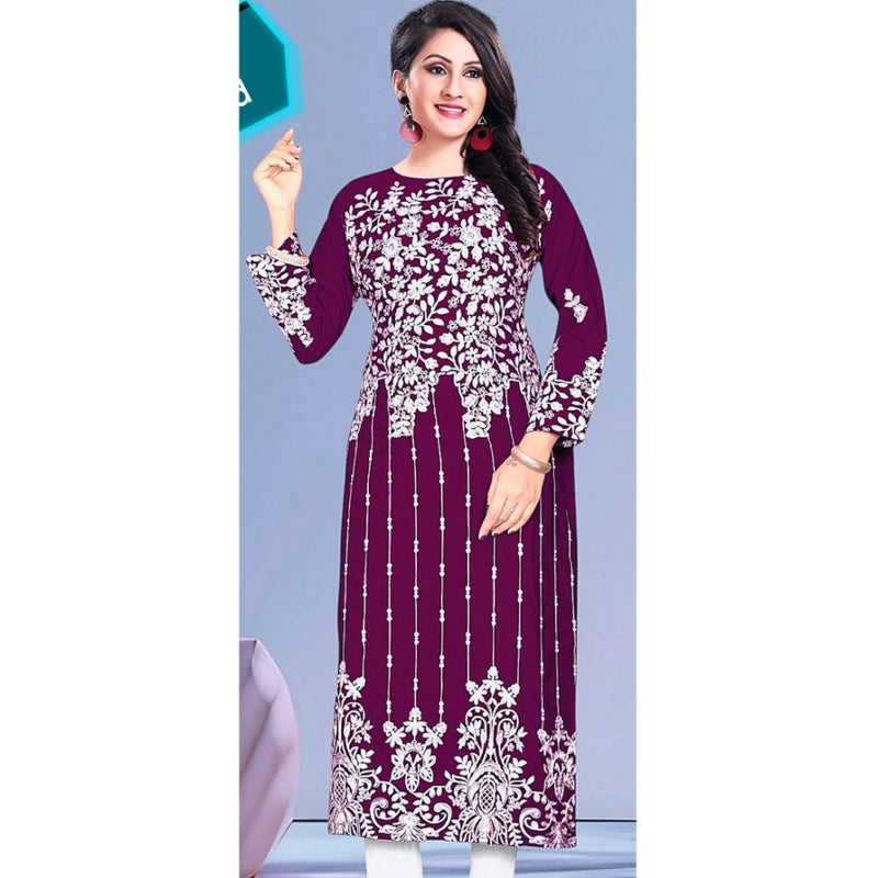 Mayawye Women's Rayon Printed Round Neck 3-4th Sleeve Kurti (Purple)