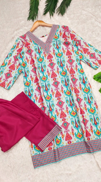 Mayawye Women's Rayon Printed V Neck 3-4th Sleeve Kurti With Pant Set (Pink)