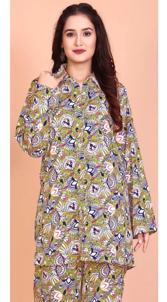 Mayawye Women's Rayon Printed Mandarin Collar Full Sleeve Co Ord Set (Green)