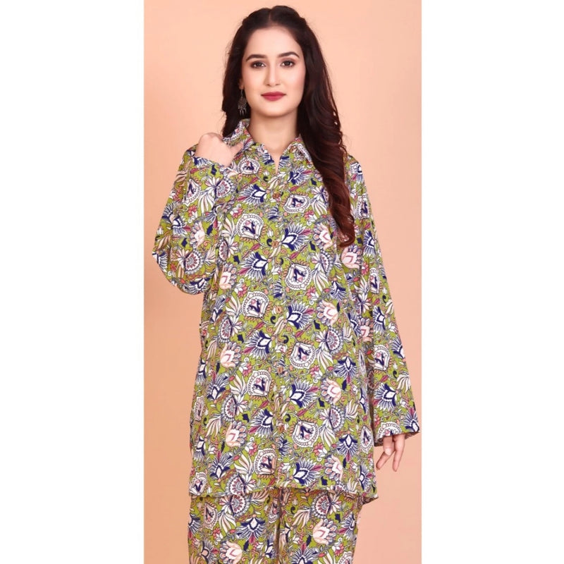 Mayawye Women's Rayon Printed Mandarin Collar Full Sleeve Co Ord Set (Green)
