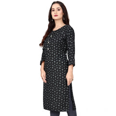 Mayawye Women's Rayon Printed Round Neck 3-4 th Sleeve Kurti (Black)