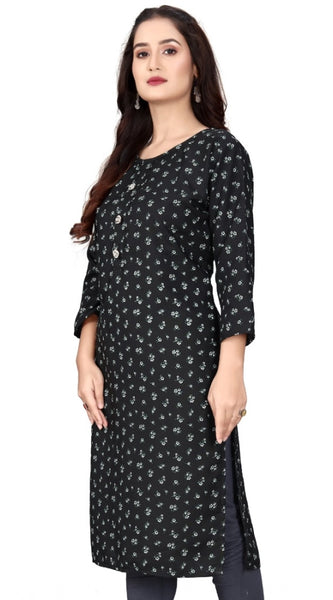 Mayawye Women's Rayon Printed Round Neck 3-4 th Sleeve Kurti (Black)